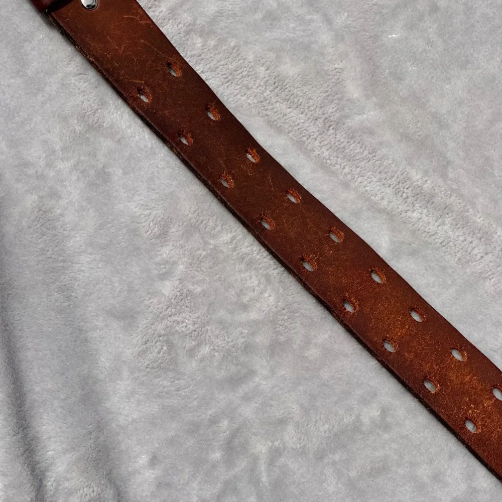 Vintage Brown Leather Double Prong Roller Buckle Adjustable Belt Mens 30-36
